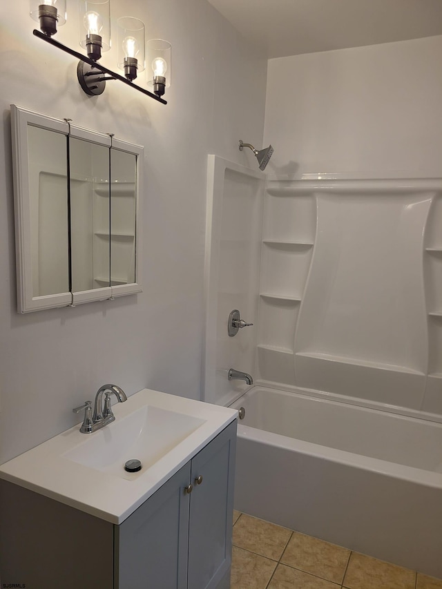 bathroom with tile patterned floors, vanity, and  shower combination