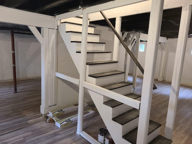 basement with dark hardwood / wood-style flooring