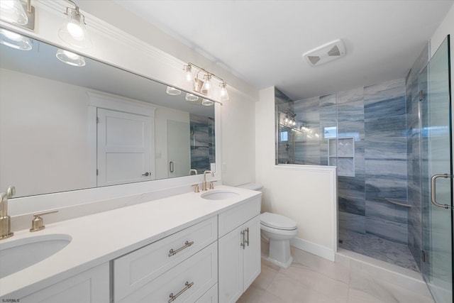 bathroom featuring walk in shower, toilet, and vanity