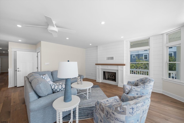 living room with ceiling fan and hardwood / wood-style flooring