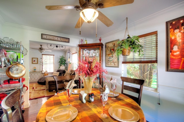 dining room with ornamental molding, light hardwood / wood-style flooring, and ceiling fan