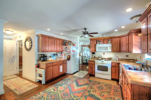 kitchen featuring ornamental molding, white appliances, sink, ceiling fan, and dark hardwood / wood-style floors