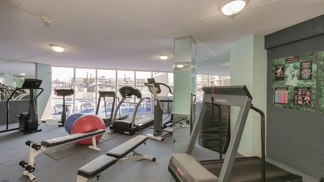 exercise room featuring floor to ceiling windows and a textured ceiling