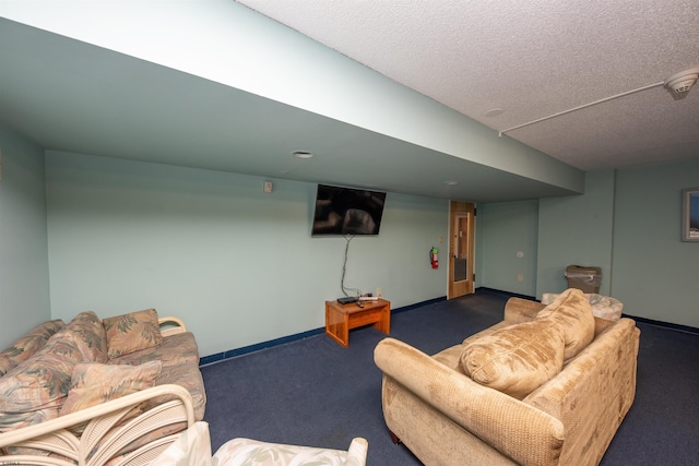 carpeted living room with a textured ceiling