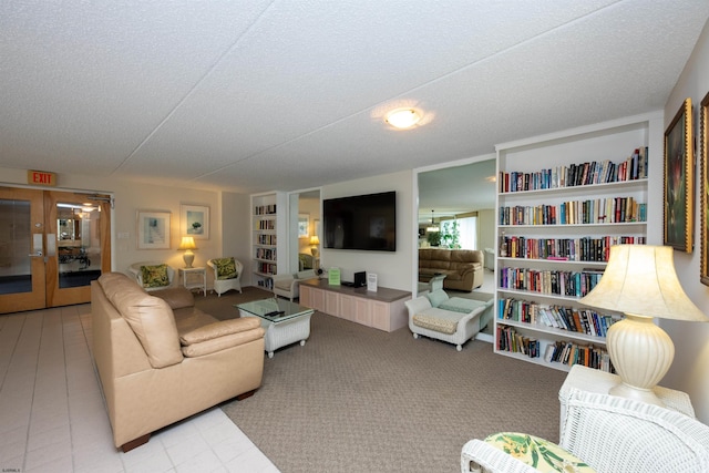 living room featuring a textured ceiling