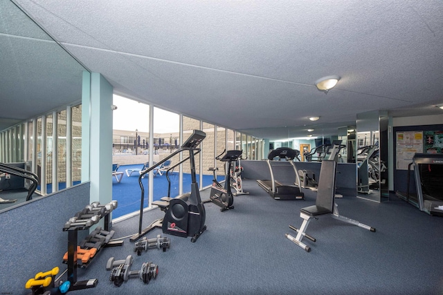 exercise room featuring a textured ceiling and a wall of windows