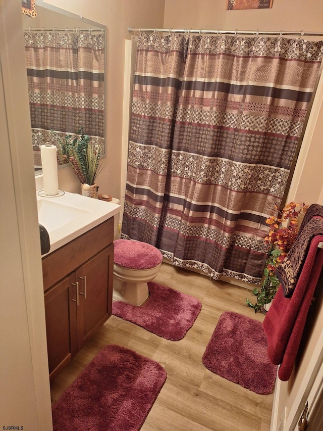 bathroom featuring a shower with curtain, wood-type flooring, toilet, and vanity