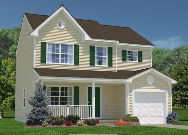 view of front facade featuring a porch, a garage, and a front yard