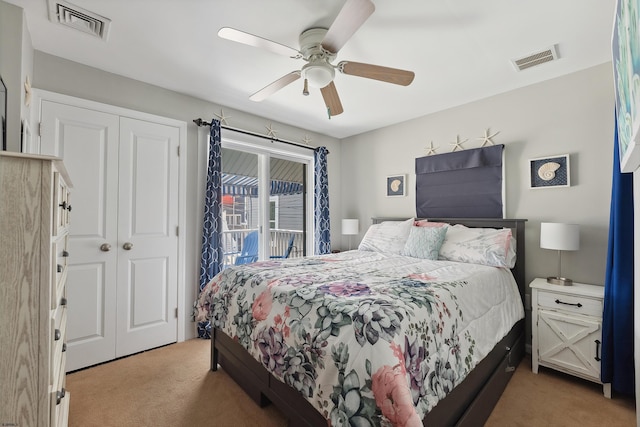 bedroom with carpet flooring, a closet, ceiling fan, and access to outside