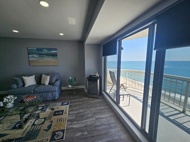 living room featuring dark hardwood / wood-style flooring, a water view, and a beach view