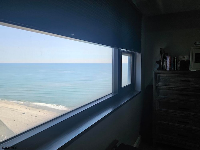 view of water feature with a beach view