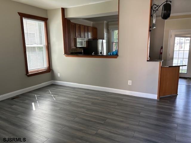 interior space featuring ornamental molding, a healthy amount of sunlight, and dark hardwood / wood-style floors