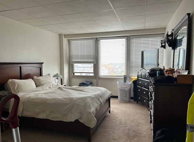 bedroom featuring carpet and a drop ceiling