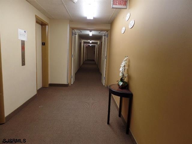 corridor featuring elevator and carpet flooring