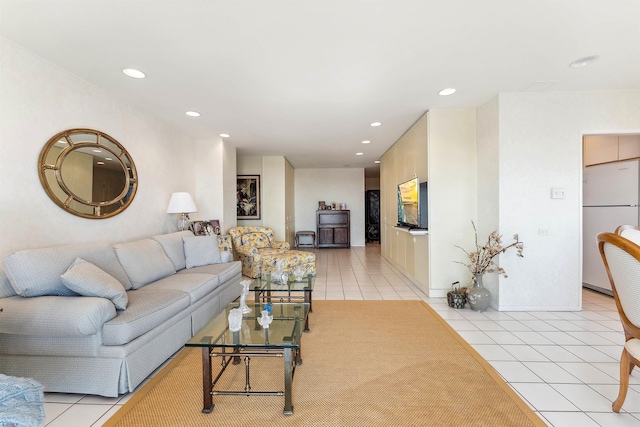 living room with light tile patterned flooring