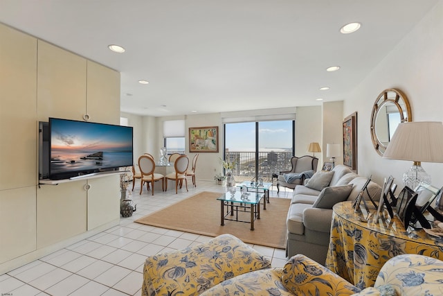 living room featuring light tile patterned floors