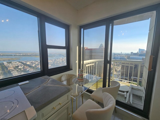 interior space with plenty of natural light and a water view