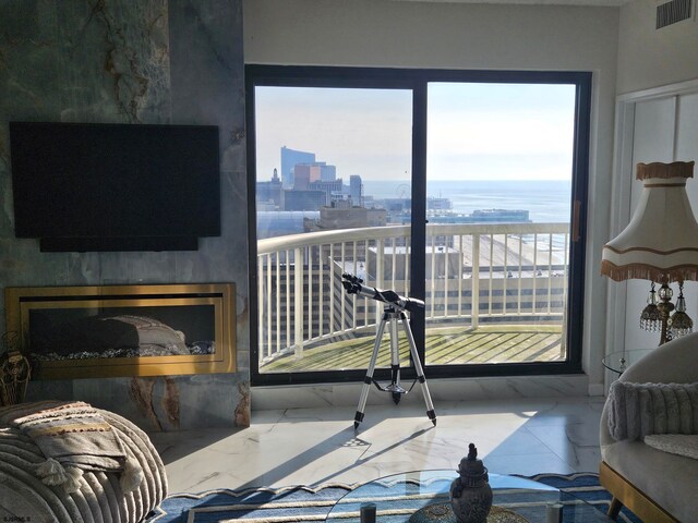 living room with a water view