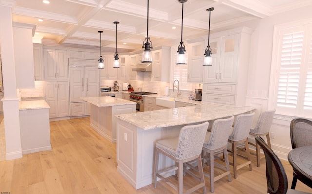 kitchen featuring light hardwood / wood-style flooring, a center island, light stone counters, high end range, and white cabinets