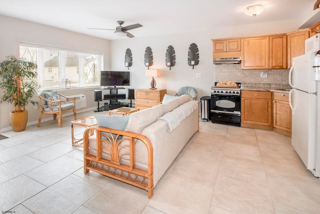 kitchen with white refrigerator, black range with electric stovetop, ventilation hood, backsplash, and ceiling fan