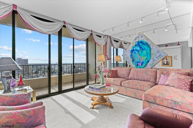 living room featuring carpet, a textured ceiling, a wall of windows, and rail lighting