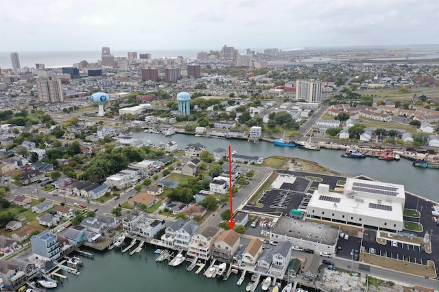 bird's eye view with a water view