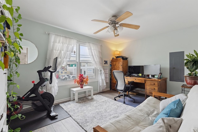 office space featuring light hardwood / wood-style floors and ceiling fan