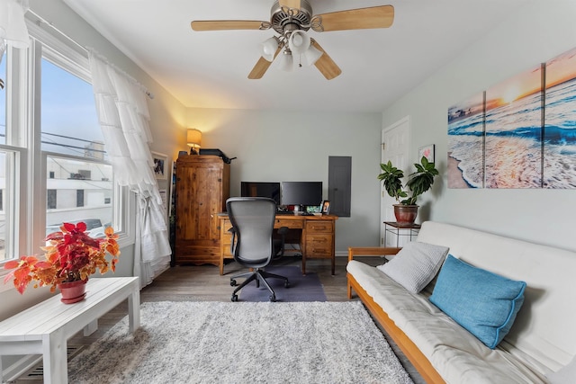 office area with hardwood / wood-style floors, ceiling fan, and electric panel