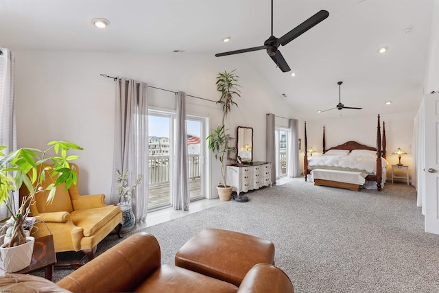 bedroom featuring carpet, high vaulted ceiling, ceiling fan, and access to exterior