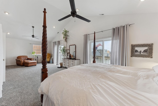 bedroom featuring carpet, multiple windows, access to exterior, and ceiling fan