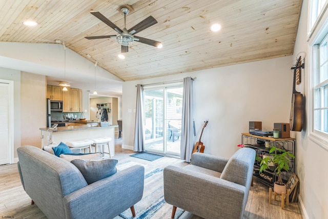 living room featuring high vaulted ceiling, light wood-type flooring, ceiling fan, and wooden ceiling