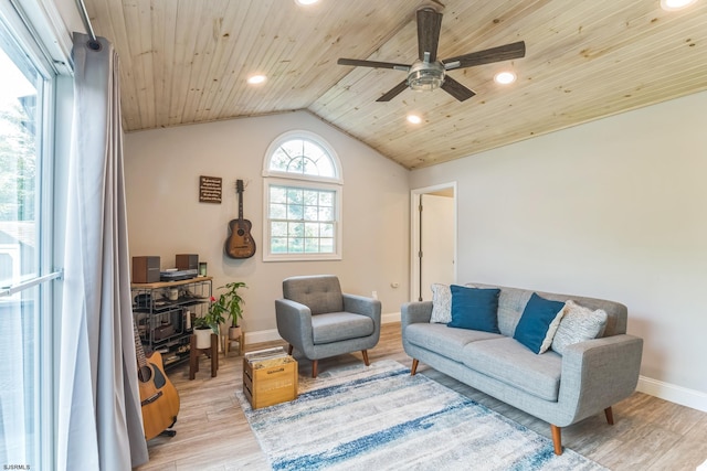 living room with light wood-type flooring, lofted ceiling, ceiling fan, and wooden ceiling