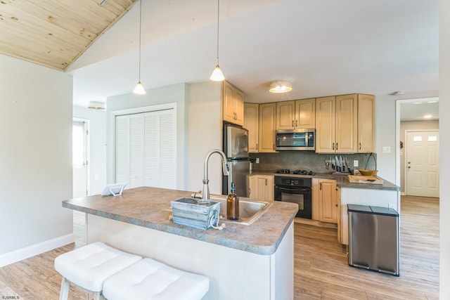 kitchen featuring sink, hanging light fixtures, light hardwood / wood-style floors, and black appliances