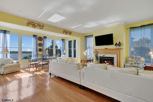 living room with a water view and hardwood / wood-style floors