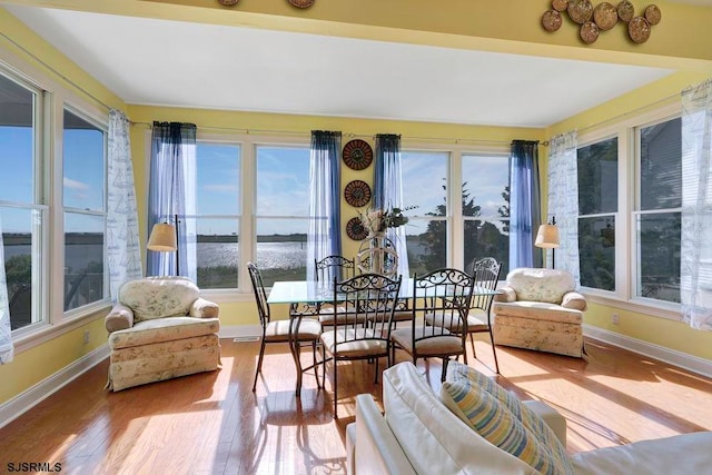 sunroom with a water view