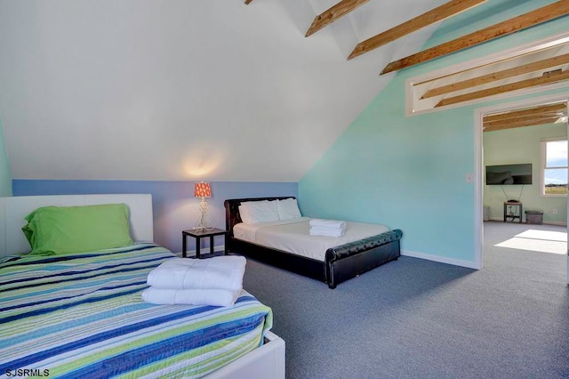 carpeted bedroom featuring vaulted ceiling with beams