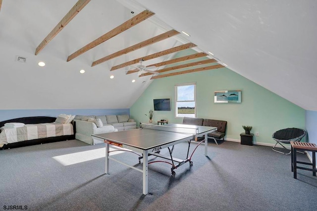 playroom with ceiling fan, lofted ceiling with beams, and carpet flooring