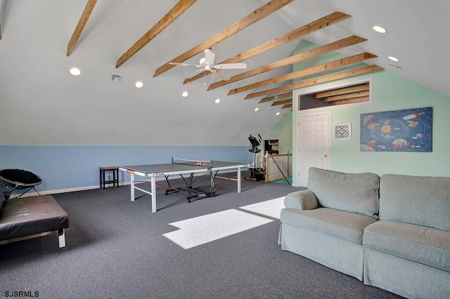 game room featuring lofted ceiling with beams, ceiling fan, and carpet flooring