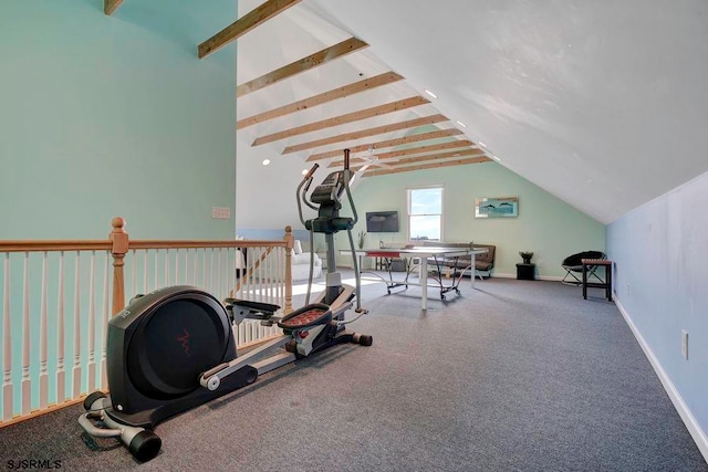 workout room with carpet flooring and vaulted ceiling