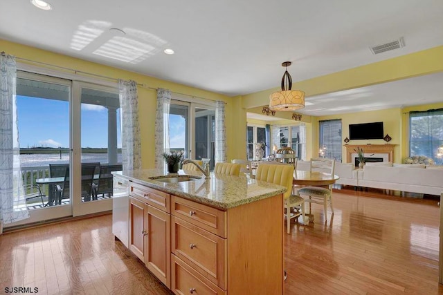 kitchen featuring pendant lighting, a kitchen island with sink, light stone countertops, and light hardwood / wood-style floors