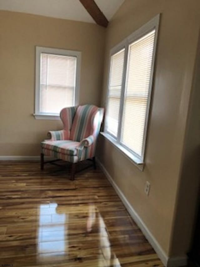living area with baseboards, lofted ceiling, wood finished floors, and a healthy amount of sunlight