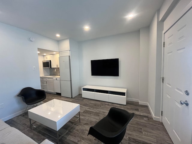 living room featuring sink and dark hardwood / wood-style flooring