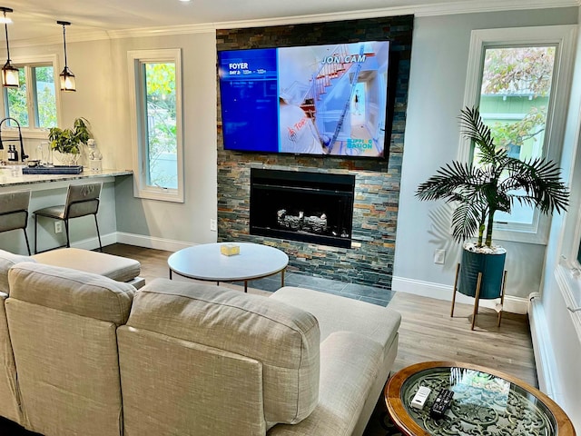 living room with a healthy amount of sunlight, a fireplace, ornamental molding, and light hardwood / wood-style flooring