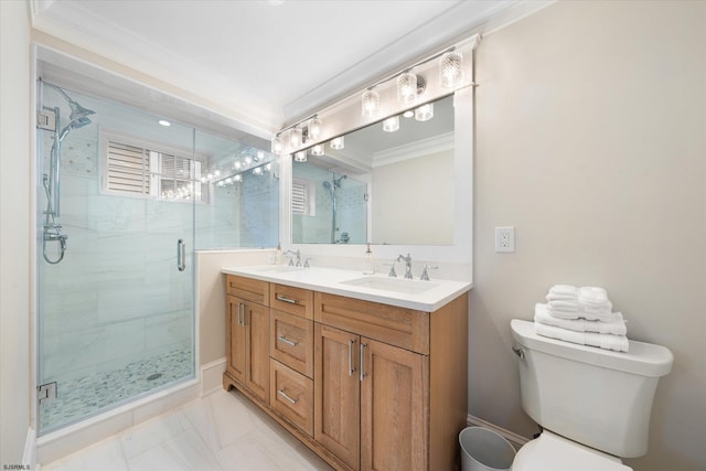 bathroom with crown molding, vanity, toilet, and an enclosed shower