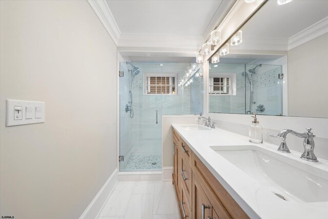 bathroom featuring walk in shower, crown molding, and vanity