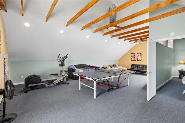 rec room featuring carpet floors, vaulted ceiling with beams, and ceiling fan