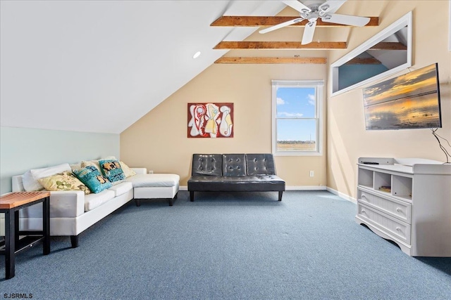 carpeted living room featuring lofted ceiling with beams and ceiling fan