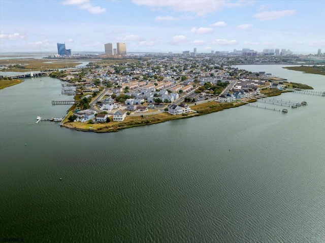 drone / aerial view with a water view