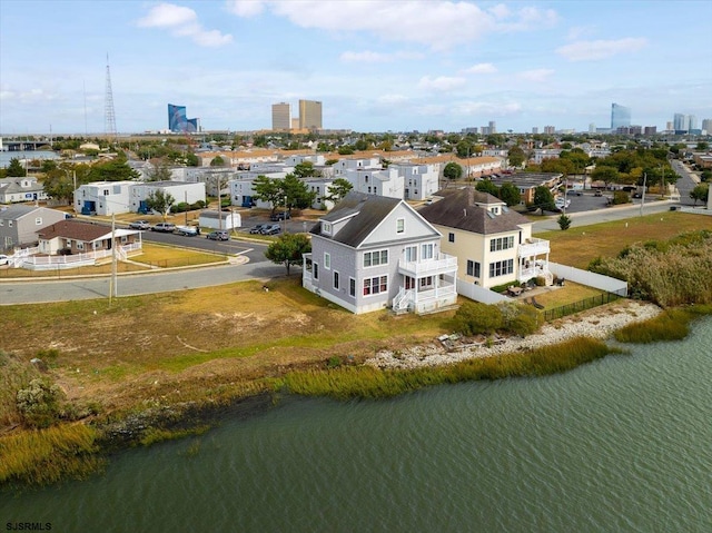 aerial view featuring a water view