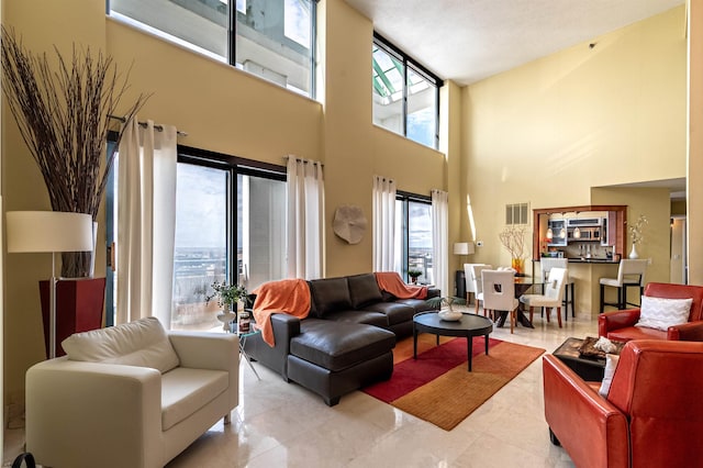 living room featuring a high ceiling and plenty of natural light